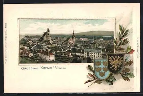 Passepartout-Lithographie Krems a.d. Donau, Ortsansicht, Stadtwappen