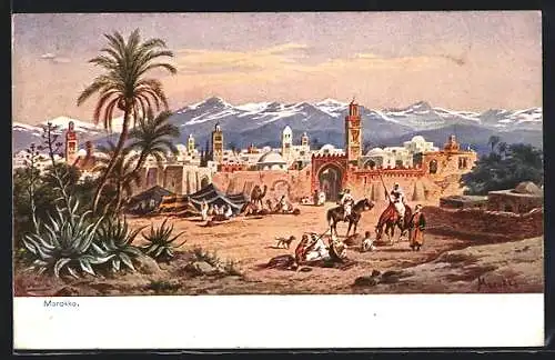 Künstler-AK Friedrich Perlberg: Stadtansicht mit Gebirgspanorama in Marokka