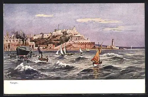 Künstler-AK Friedrich Perlberg: Tanger, Blick zum Ort, Segelboote, Dampfer