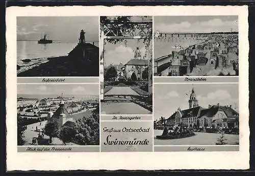 AK Swinemünde, Hafeneinfahrt, Blick auf die Promenade, Rosengarten, Strandleben und Kurhaus