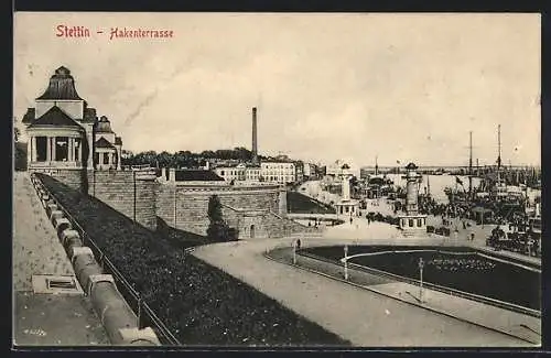 AK Stettin, Hakenterrasse mit Anlage und Hafenblick