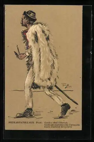 Künstler-AK ukrainischer Mann mit Pfeife und umgeschlungenem Schafsfell