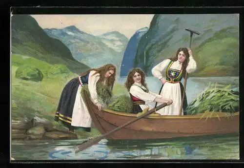 Künstler-AK Frauen in norwegischer Tracht mit Ruderboot