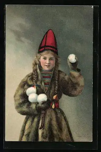 AK Schwedin im Pelzmantel mit Schneebällen