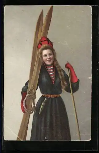 AK Skandinavische Skiläuferin in Tracht