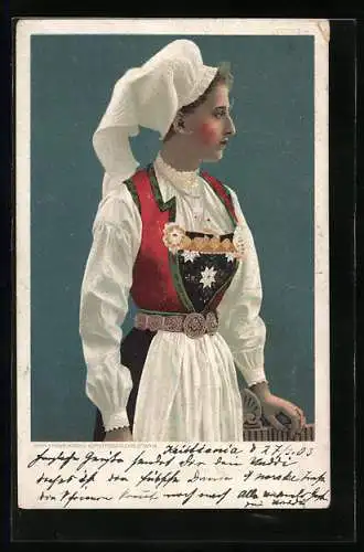 Lithographie norwegische Frau in Tracht mit Kopfbedeckung