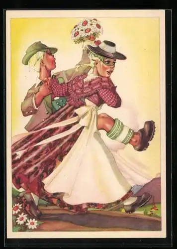 AK Tanzendes Paar in bayrischer Tracht