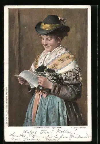 Künstler-AK Bayerisches Mädel beim lesen