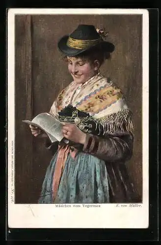Künstler-AK Bayerisches Mädel beim lesen