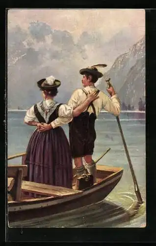 Künstler-AK Frau und Mann in bayerischer Tracht im Ruderboot