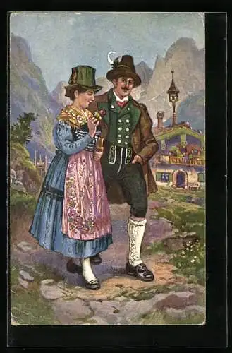Künstler-AK Jachenau, spazierendes Paar in bayerischer Tracht