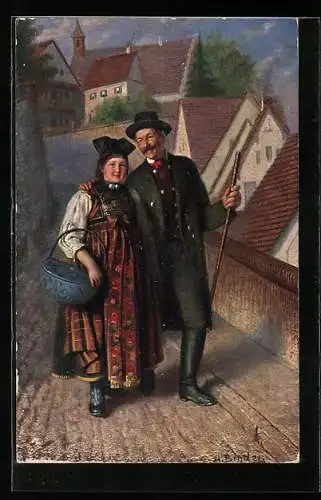 Künstler-AK Bayerisches Paar in Tracht aus Dachau