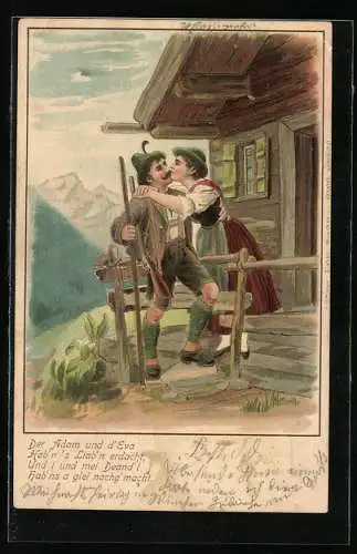 Künstler-AK Frau küsst Mann, Bayerische Trachten