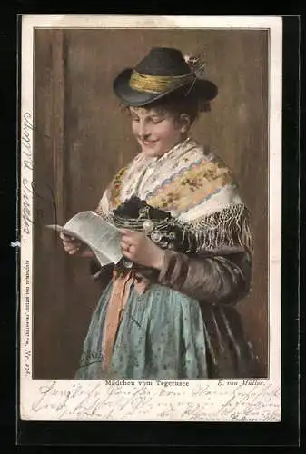 Künstler-AK Bayerisches Mädel beim lesen