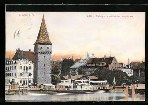 AK Lindau / Bodensee, Mittlere Hafenpartie mit altem Leuchtturm