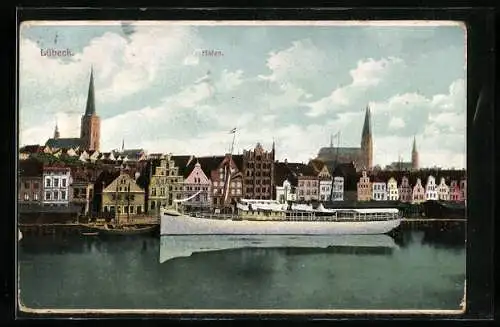 AK Lübeck, Hafen mit Kirche und Schiff