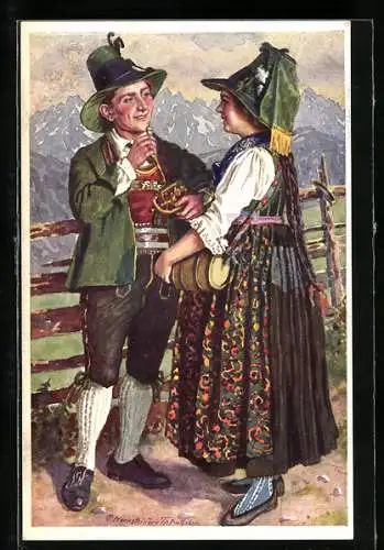 Künstler-AK Ein junges Paar in Tiroler Tracht