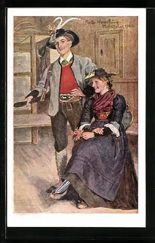 Künstler-AK Paar in der guten Stube in Tiroler Tracht