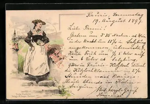 Lithographie Eine junge Frau mit einem Buch in Tiroler Tracht