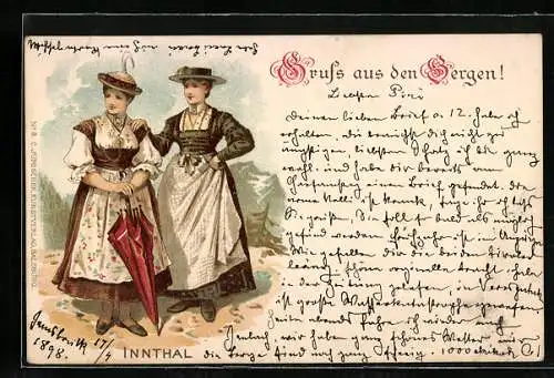 Lithographie Zwei Damen aus dem Innthal in Tiroler Tracht