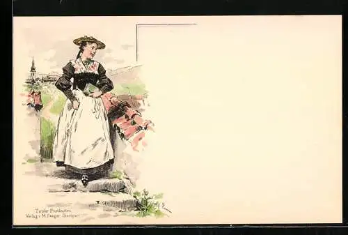 Künstler-AK Tirolerin in Tracht auf dem Weg zur Kirche