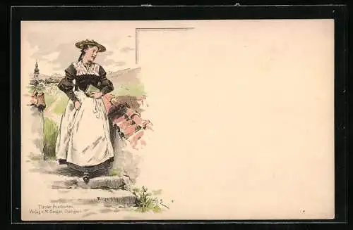 Künstler-AK Tirolerin in Tracht auf dem Weg zur Kirche