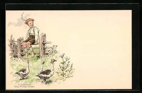 Künstler-AK Knabe sitzt auf einem Zaun mit Gänsen, Tirol