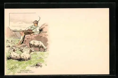 Künstler-AK Tiroler Schafhirte ruht aus