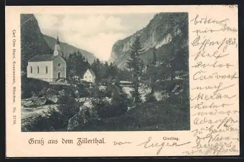 AK Ginzling /Zillerthal, Ortspartie mit Kirche