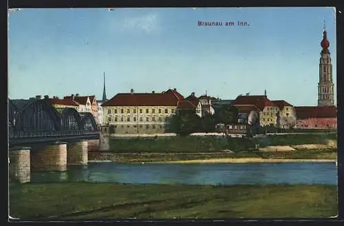 AK Braunau am Inn, Uferpartie mit Brücke