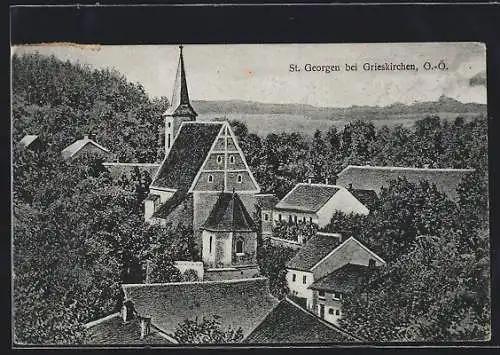 AK St. Georgen bei Grieskirchen, Ortspartie mit Kirche