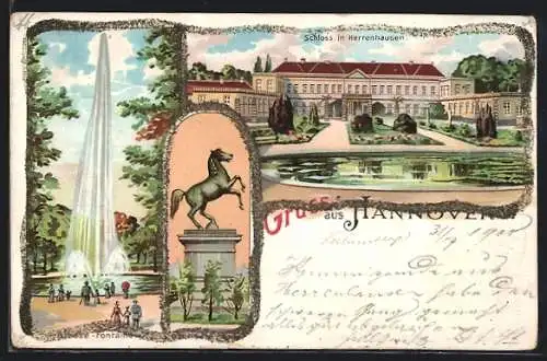 Lithographie Hannover, Grosse Fontäne, Schloss in Herrenhausen, Sachsen-Ross