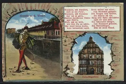 Passepartout-AK Hameln /Weser, Rattenfängerhaus, Rattenfänger beim Flötenspiel, Gedicht
