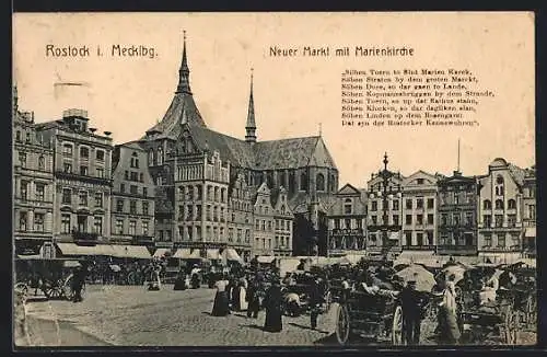AK Rostock, Neuer Markt mit Marienkirche, Markttreiben