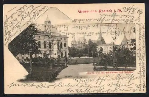 AK Rostock i.M., Stadttheater mit Ständehaus und Steintor
