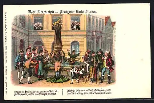 Lithographie Stuttgart, historische Szene am Marktbrunnen, Magd ohne Hemd und Unterrock