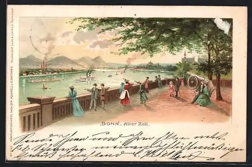 Lithographie Bonn, Alter Zoll, Hafenpartie mit Dampern