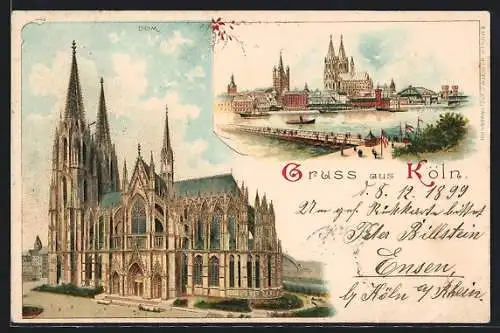 Lithographie Köln, Ansicht vom Dom, Panoramablick über den Rhein