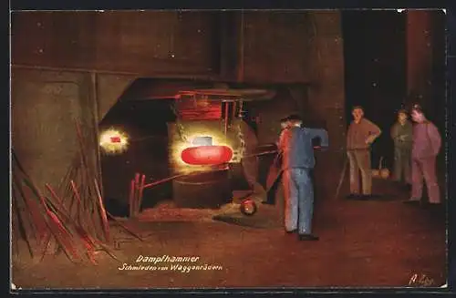 Künstler-AK Dortmund, Dortmunder Union, Dampfhammer, Schmieden von Waggonrädern