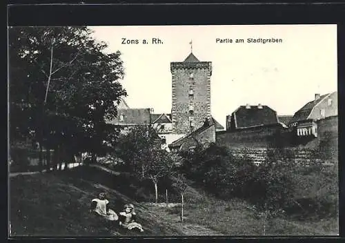 AK Zons / Rhein, Stadtgraben und Turm der Stadtmauer