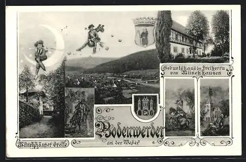 AK Bodenwerder / Weser, Ortsansicht, Geburtshaus des Freiherrn von Münchhausen, Wappen