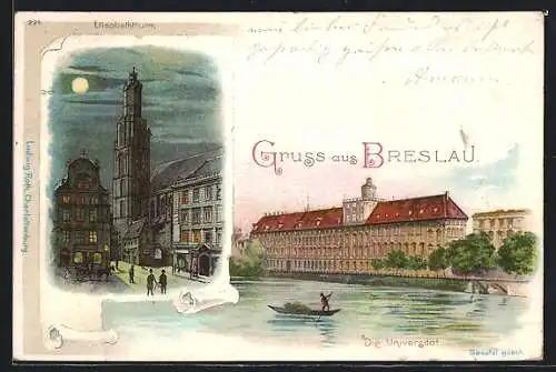 Lithographie Breslau, Elisabeththurm mit Vollmond, Universität mit Fluss