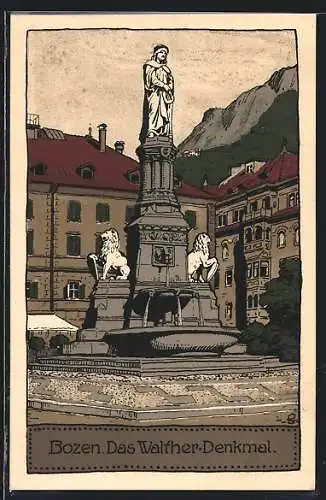 Steindruck-AK Bozen, Das Walther-Denkmal