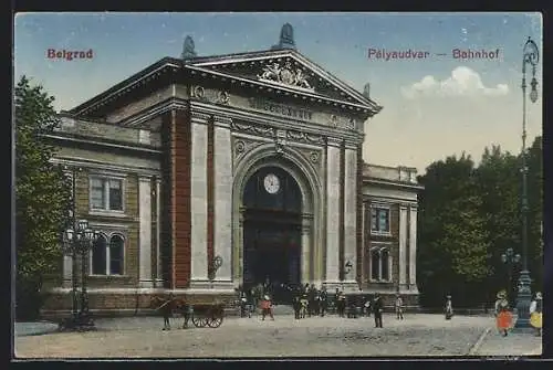 AK Belgrad, Fahrgäste & Pferdegespann vor dem Bahnhof