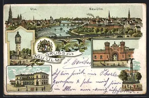 Lithographie Neu-Ulm, Ortsansicht mit Viadukt, Denkmal, Stadttor