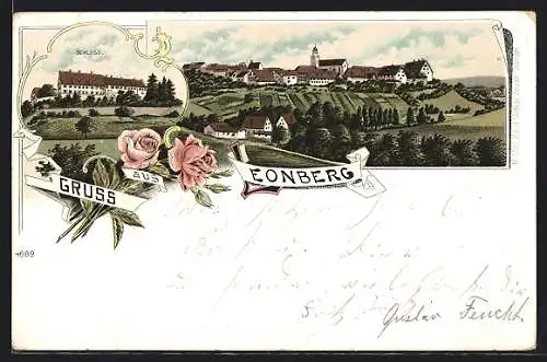 Lithographie Leonberg / Württ., Ortsansicht mit Schloss