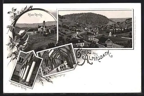 Lithographie Alpirsbach, Kloster-Kirche, Kreuzgänge, Ortsansicht