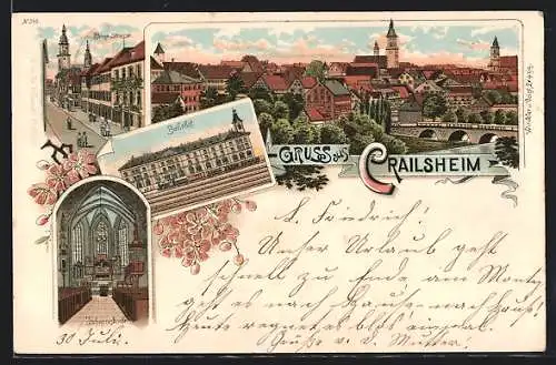 Lithographie Crailsheim, Totalansicht, Lange Strasse, Johanneskirche, Bahnhof