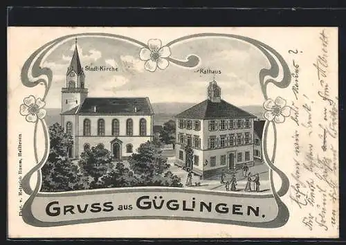 Künstler-AK Güglingen, Stadt-Kirche und Rathaus