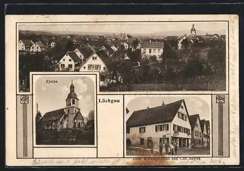AK Löchgau, Gem. Warengeschäft von Chr. Bayha, Kirche, Panorama